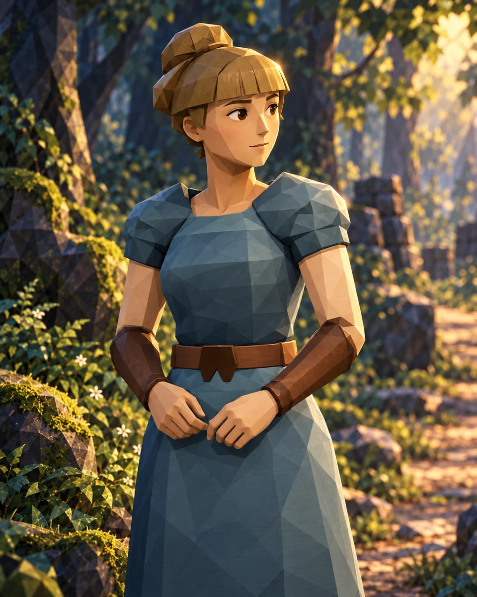 Concept art of Bru on a forest path, with a brown bun, blue-teal dress, and leather bracers.