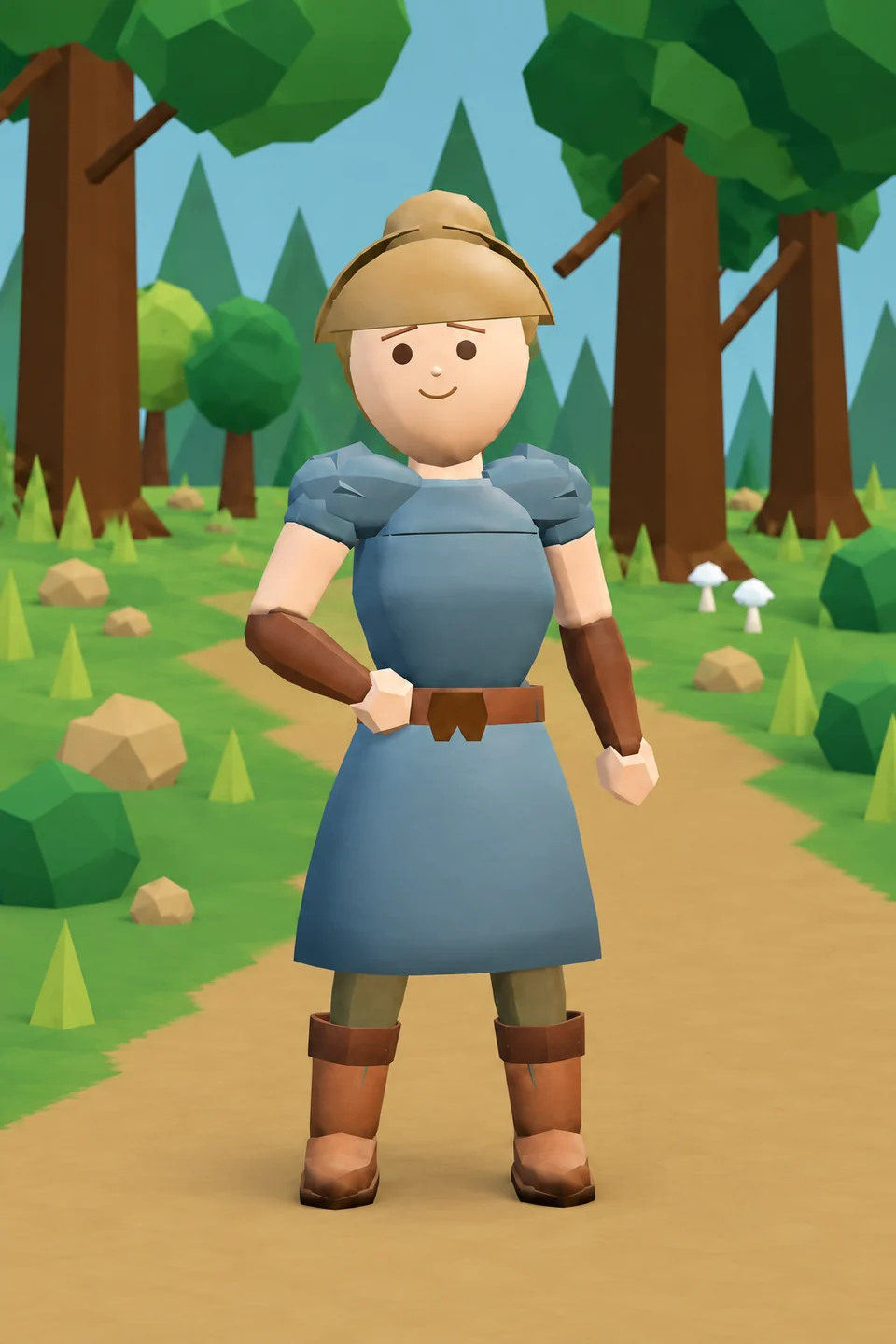 GLB-based illustration of Bru smiling on a woodland path, with her hand near her belt and her original blue dress and brown boots.