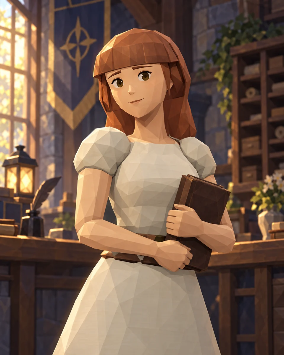 Concept art of Mira holding a brown ledger at the Guild, wearing a cream dress with short puff sleeves.