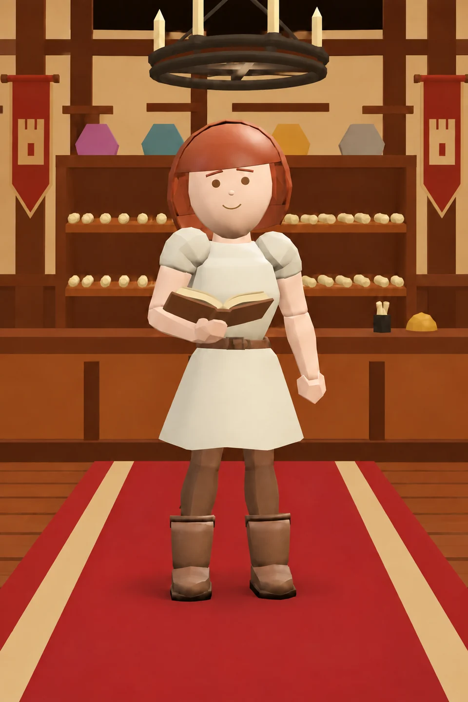 GLB-based illustration of Mira smiling with an open book in the timber-framed Guild reception, wearing her cream dress and brown boots.
