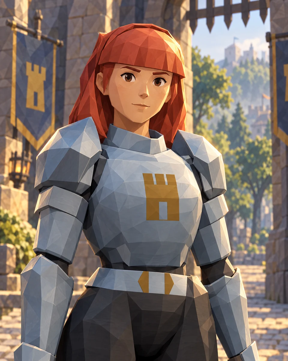 Concept art of Talia at a stone gate, with copper-red hair and silver armor bearing a gold tower emblem.