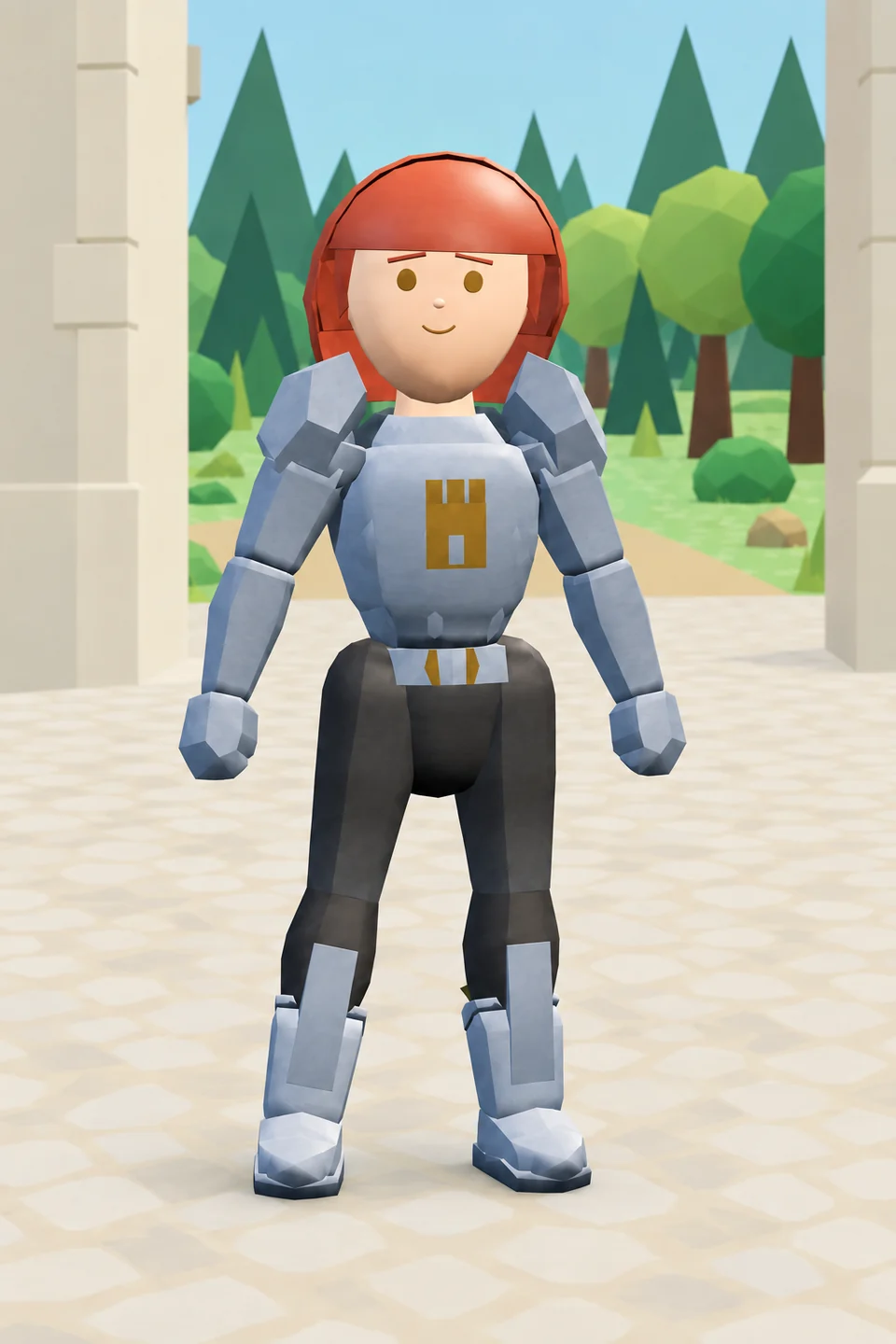 GLB-based illustration of Talia at the city gate, showing her red hair, silver armor, gold tower emblem, and armored boots.