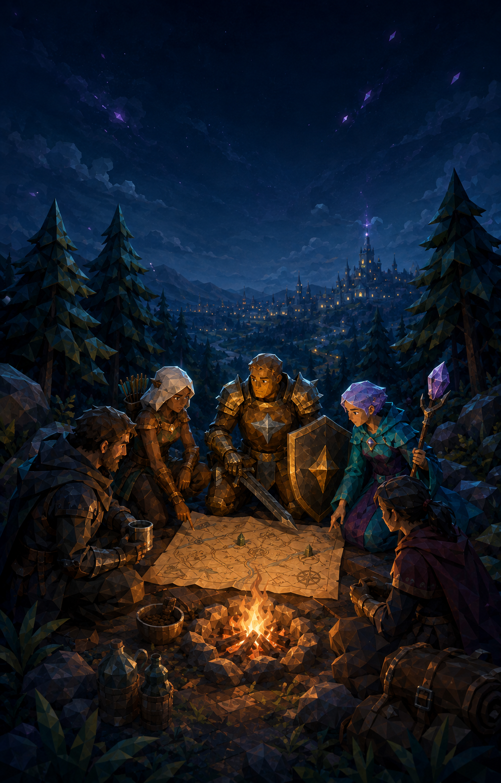 The Archer, Warrior, and Mage standing before the fragmented Shadow